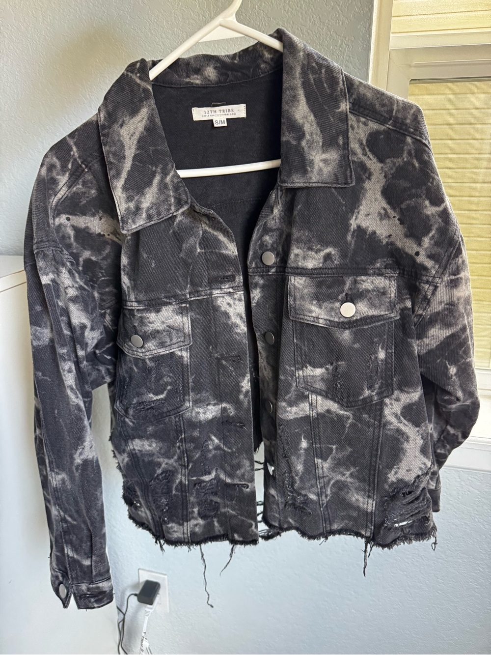 12th Tribe Distressed Tie-Dye Denim Jacket in black - S/M